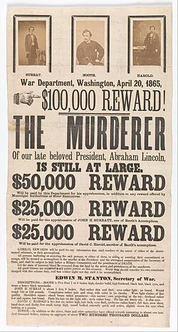 1865 “wanted” broadside for John Wilkes Booth and two other wanted for the assassination of Abraham Lincoln