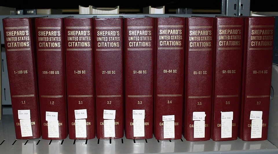 Photo of volumes of Shepard's United States Citations in a library in San Jose, California