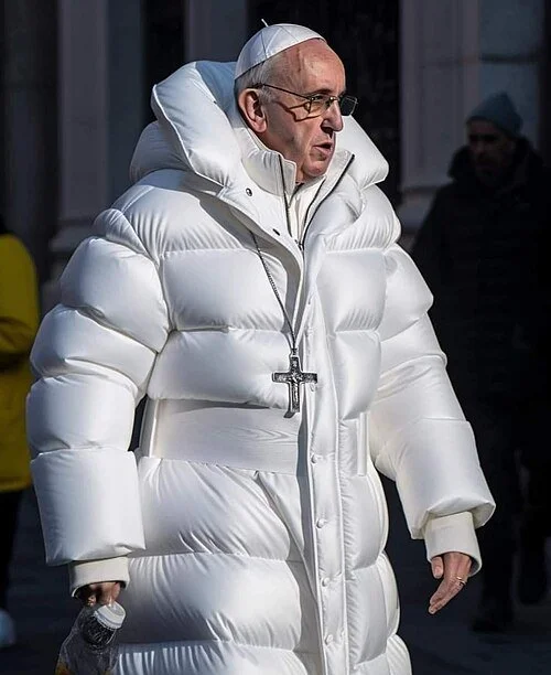 Deepfake photo of Pope Francis wearing a white, puffy parka