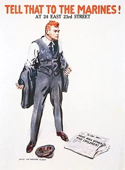 Man doffing his coat as if to fight; a newspaper telling of German atrocities at his feet; caption: “Tell it to the marines”