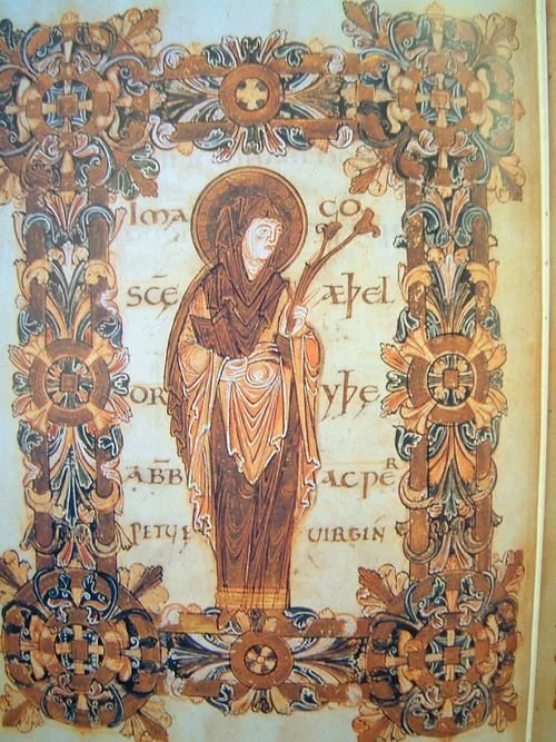 Medieval image of a woman with a halo
