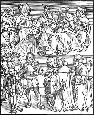 Woodcut of medieval ruler giving a church official a bag of coin while the pope, above, dispenses rays of power