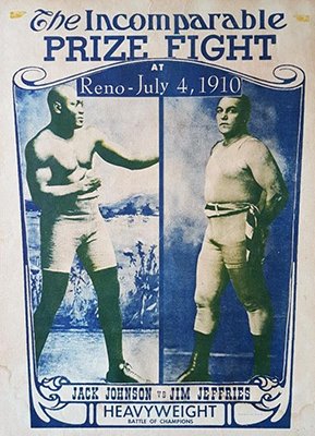 Poster, with pictures of 2 boxers, 1 Black and 1 white, for the Jack Johnson vs. Jim Jeffries boxing match of 4 July 1910
