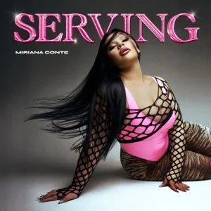 Photo of a woman lying seductively on the floor with the caption “Serving, Miriana Conte.”