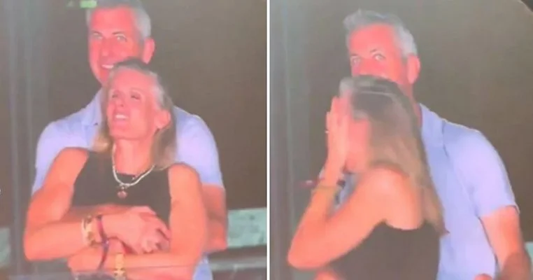 2 photos: a man and woman embracing and the couple looking away, embarrassed that they have been caught on camera