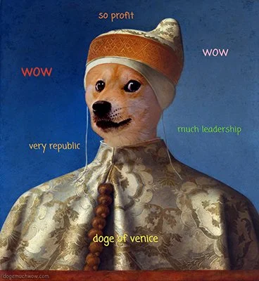 Manipulated pic of a Shiba Inu in medieval dress with the words “so profit," "wow," "very republic,” & “much leadership”