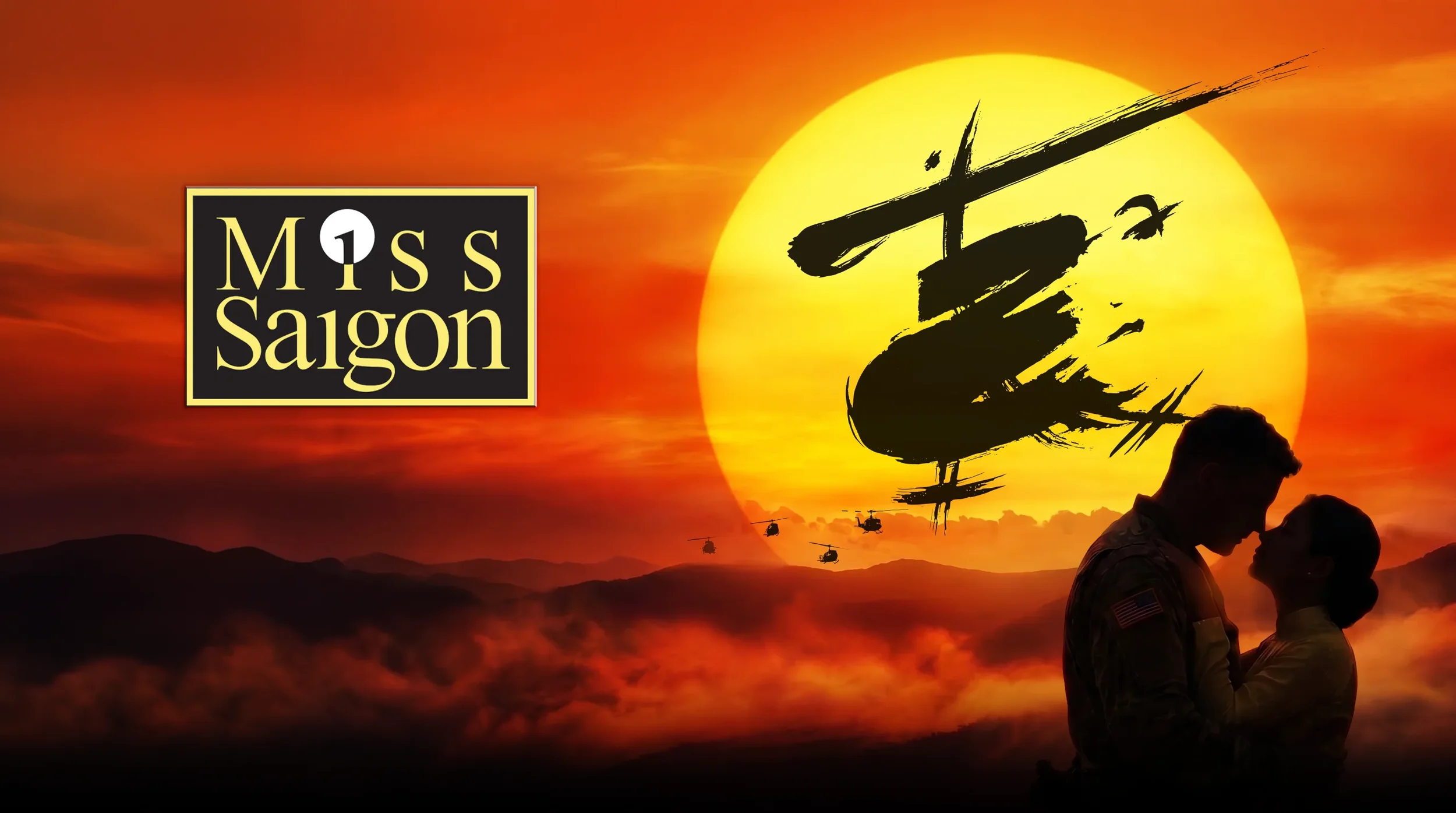 Miss Saigon — a semi-staged concert production. Silhouetted couple beneath a helicopter, set against a Saigon sunset.
