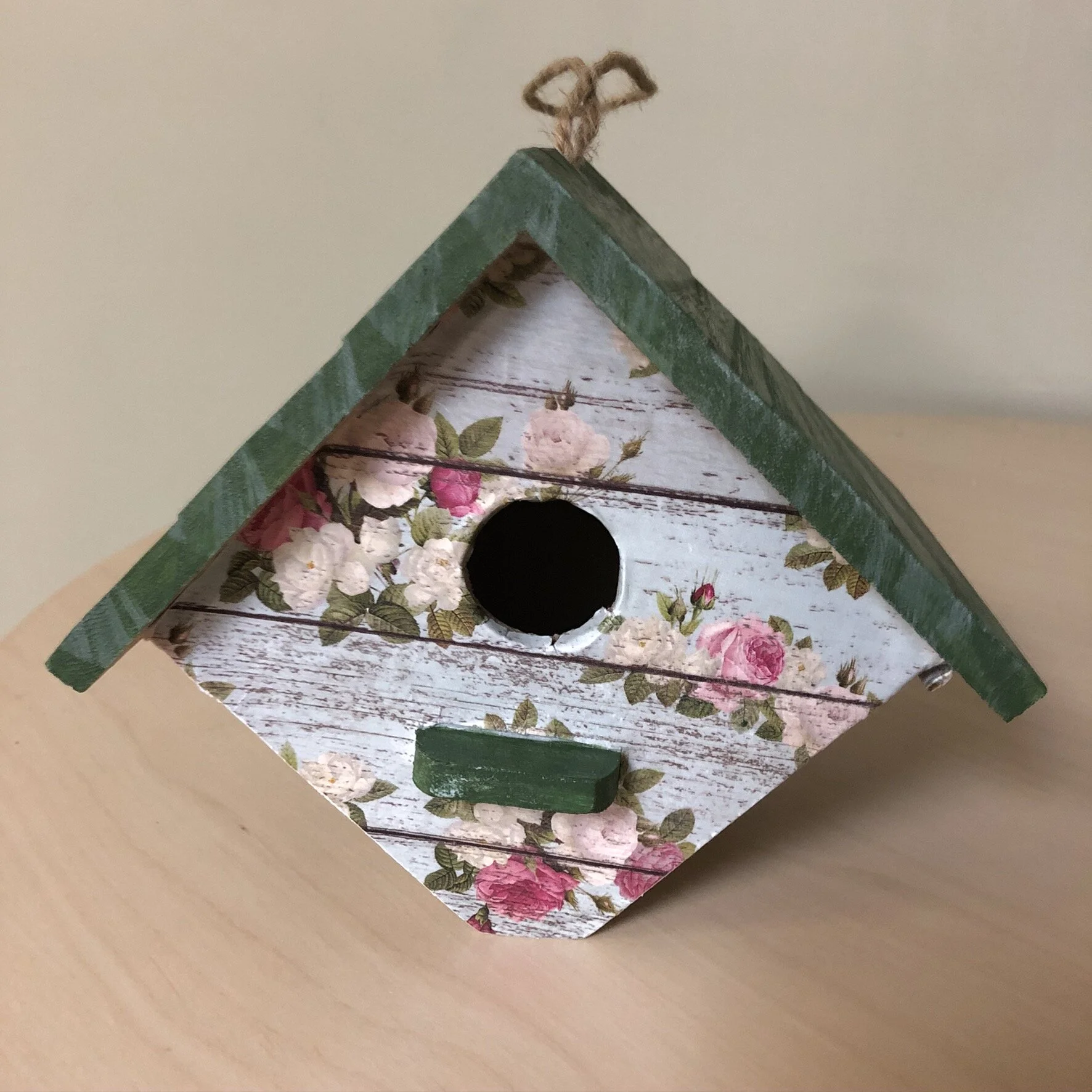 Green Decoupage Wren Style Birdhouse