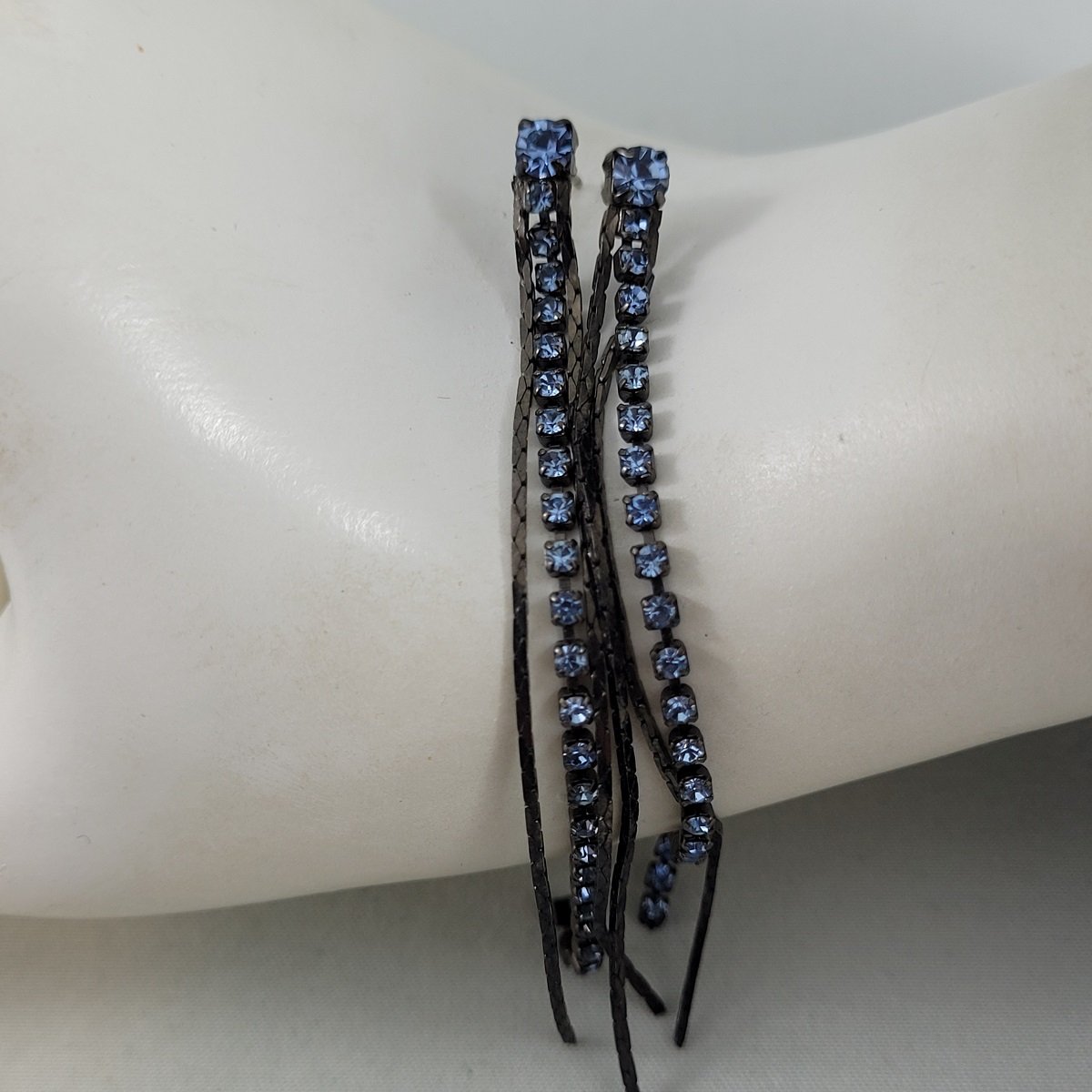 Japanned Metal Blue Rhinestone Cup Chain Snake Chain 3.25 Inch Cascade Triple Drop Pierced Earrings