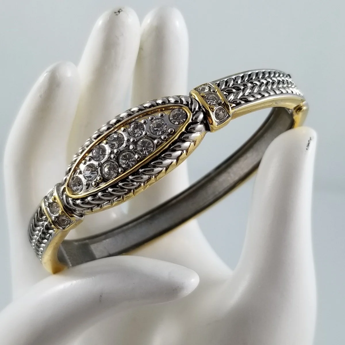 Art Deco Revival Braided Two-Tone Rhinestone Clamper Bangle Bracelet -6.jpg