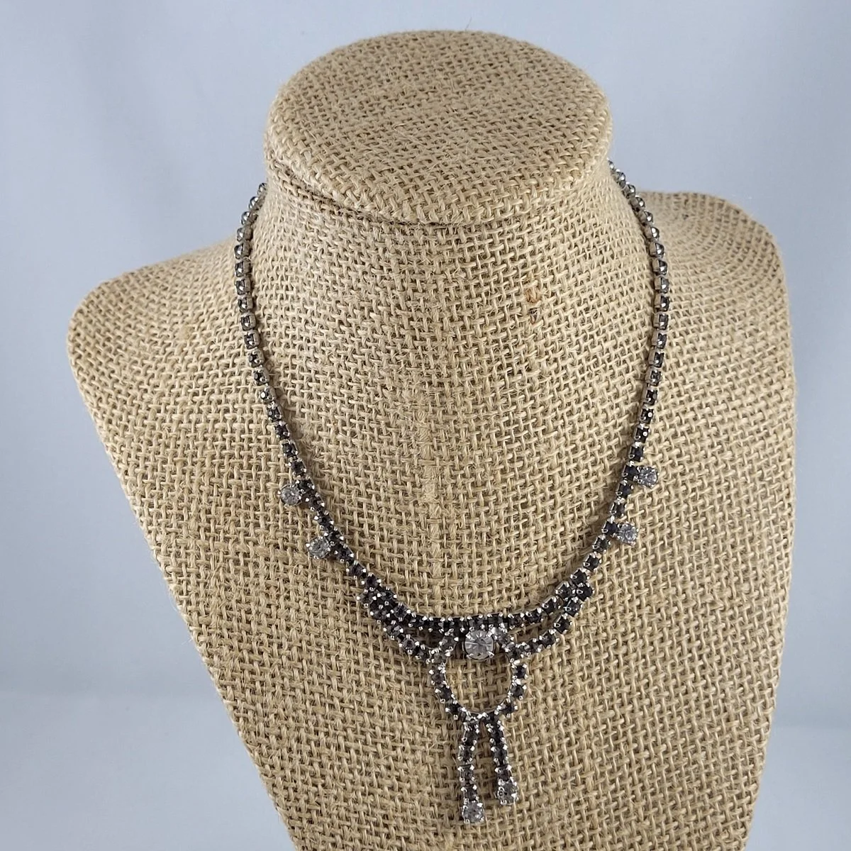 1950's Prong Set Smoke Grey Clear Crystal Double Drop Rhinestone Silver Cup Chain 14.5 Inch Choker Necklace -3.jpg
