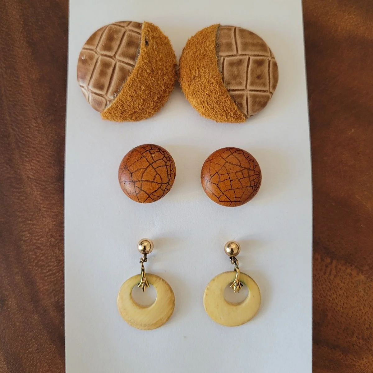 THREE PAIRS - Vintage 1.25 Inch Suede Fabric Wrap Crackle Plastic Button Gold Plated Celluloid Flat Hoop 1.25 Inch Drop Pierced Earrings