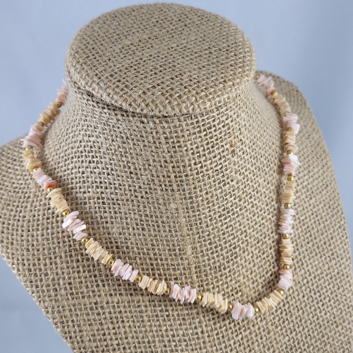 Hawaiian Beach Peach Pink 5mm Puka Shell Brass Bead 16 inch Choker Necklace w Barrel Clasp.jpg