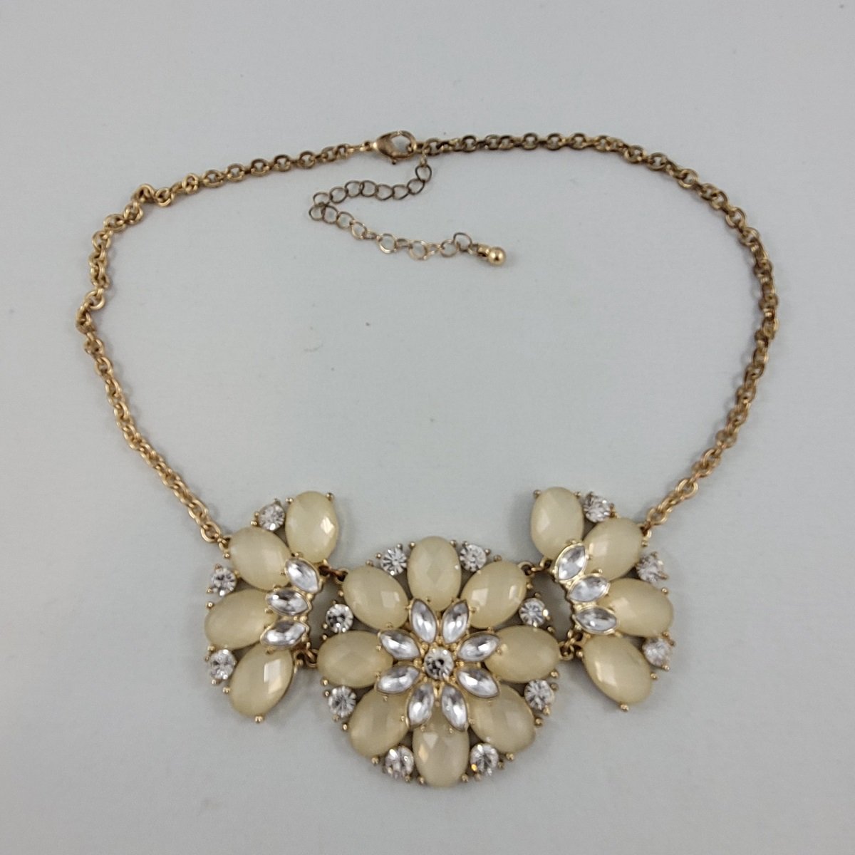 Gemmed Faceted Frosted Cabochon Rhinestone Round Crescent Flower Gold 16-19 Inch Necklace Front View