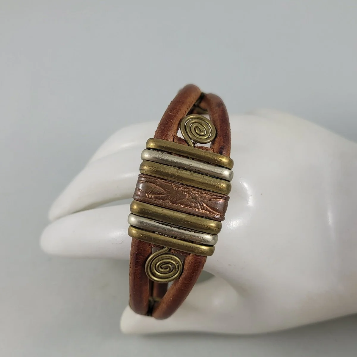 Boho Tribal Artisan Tri-Metal Copper Silver Brass Wrapped Brown Genuine Leather Flex Bracelet -2.jpg (Copy)