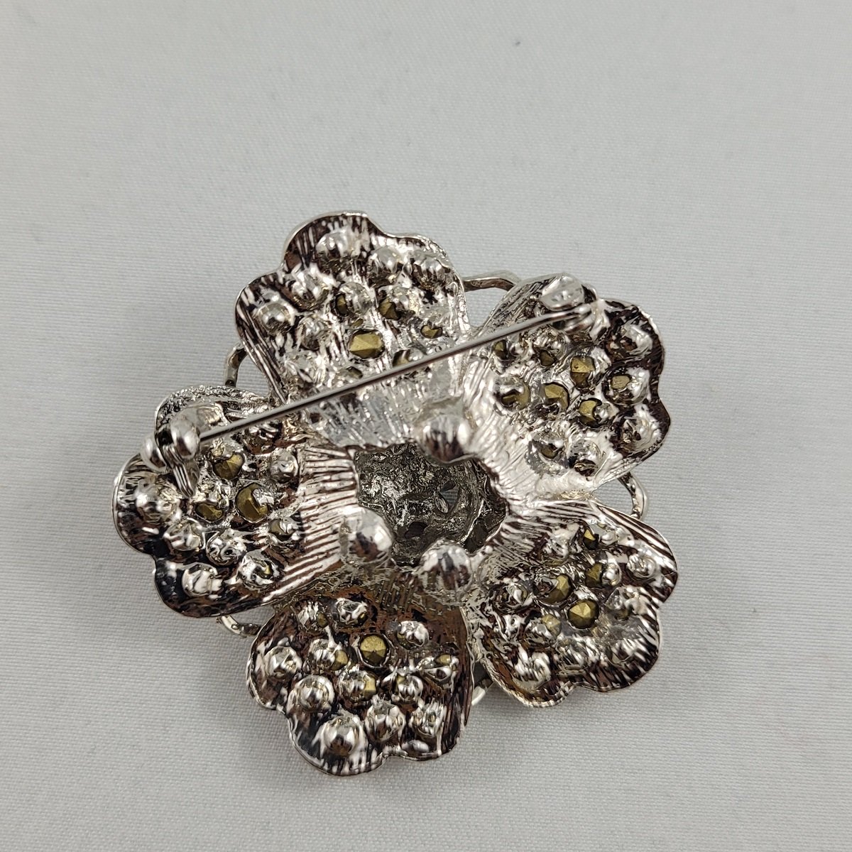 Pink AB Pave Rhinestone 3D Layered Cherry Blossom Rhodium Flower Brooch Backside