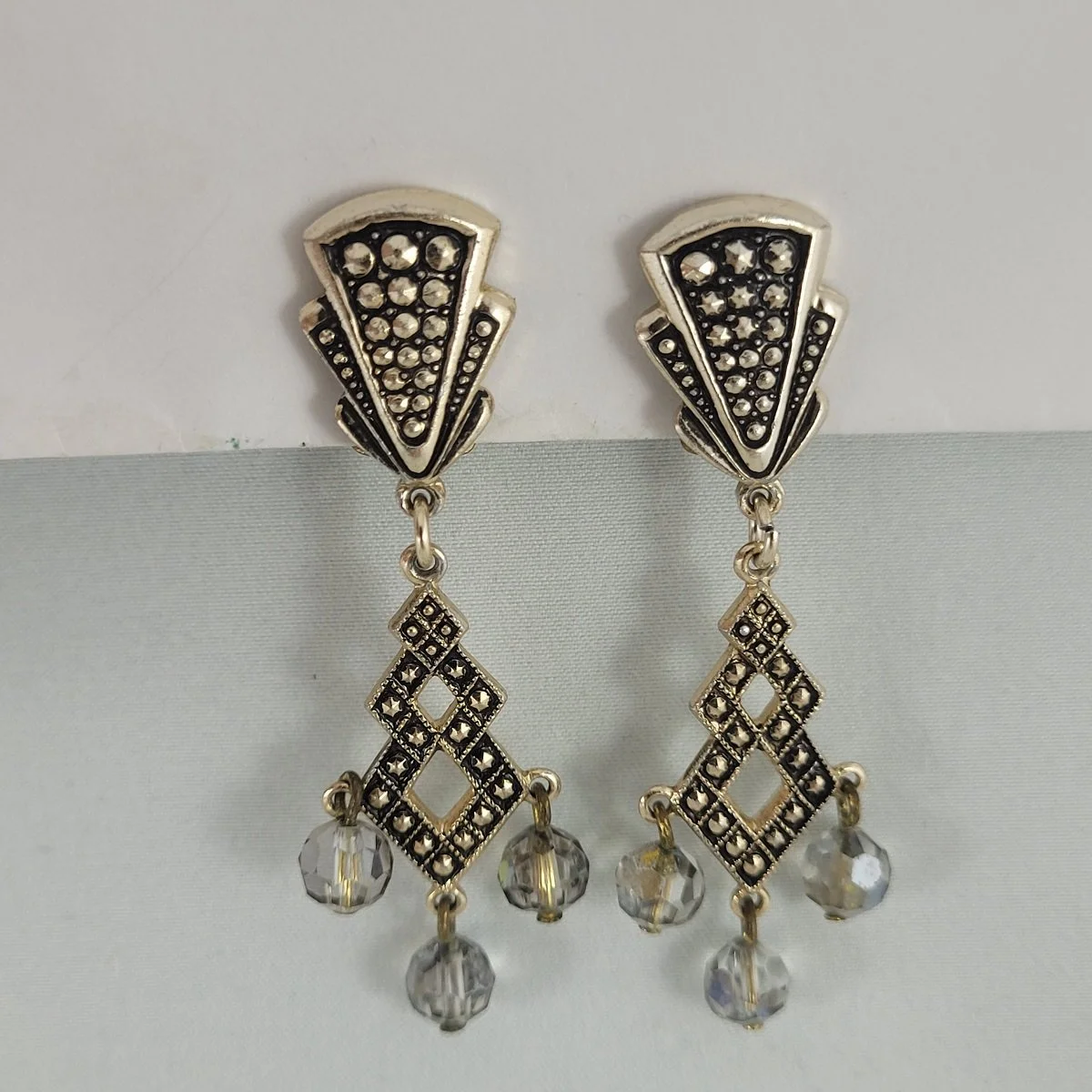 Art Deco Faux Marcasite Gold Aluminum Triple Faceted Crystal Iridescent Bead Dangle 2.5 Inch Drop Clip-on Earrings Front View
