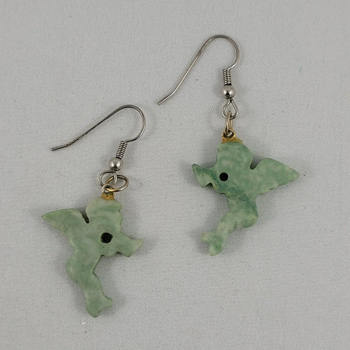 Carved Matte Polished Genuine Gemstone Mottled Green Aragonite Calcite Winged Cherub Blowing Trumpet 2 Inch Drop Pierced Earrings.jpg