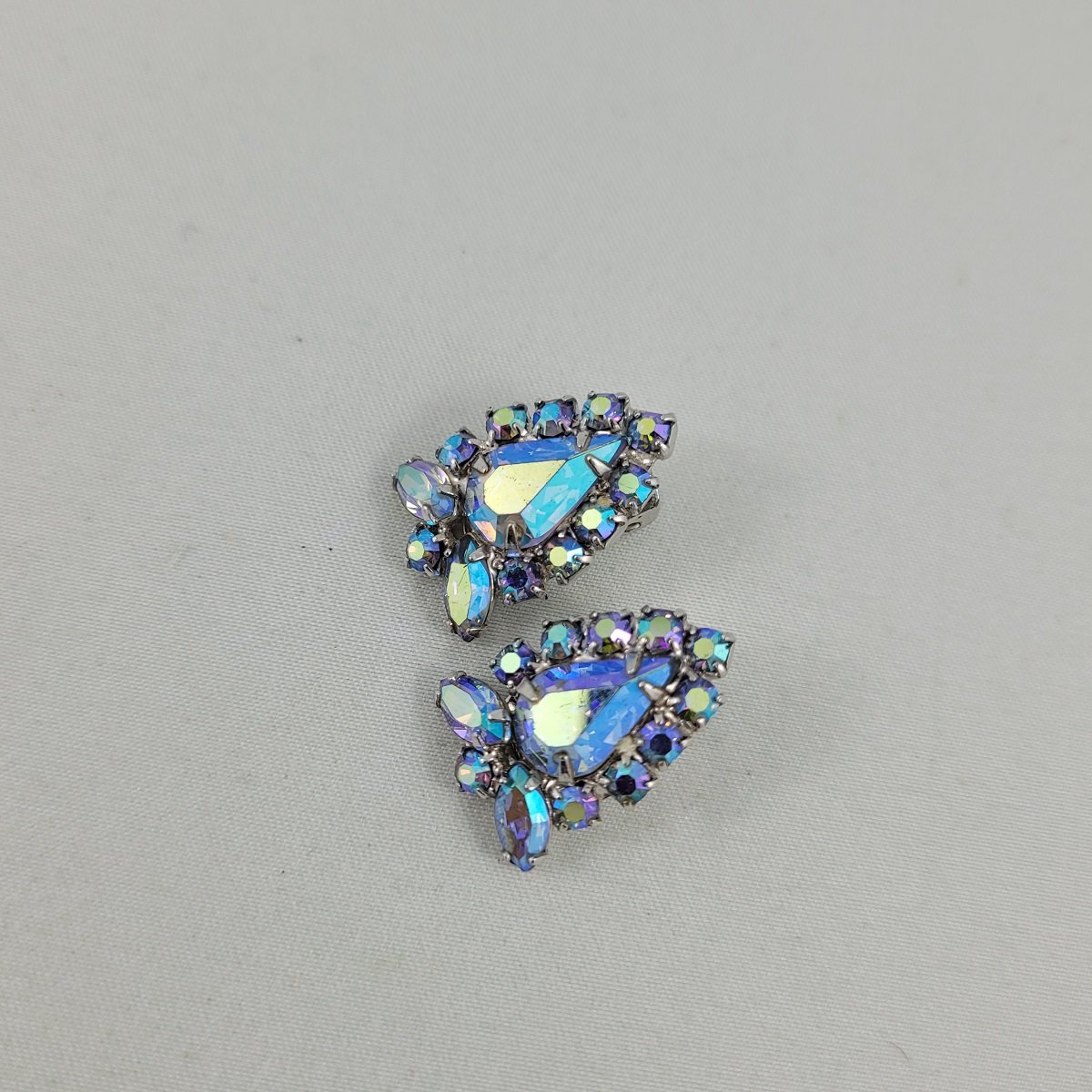 Blue Aurora Borealis Prong Set Mix Rhinestone Strawberry Shape Silver-tone Clip Earrings Leftside