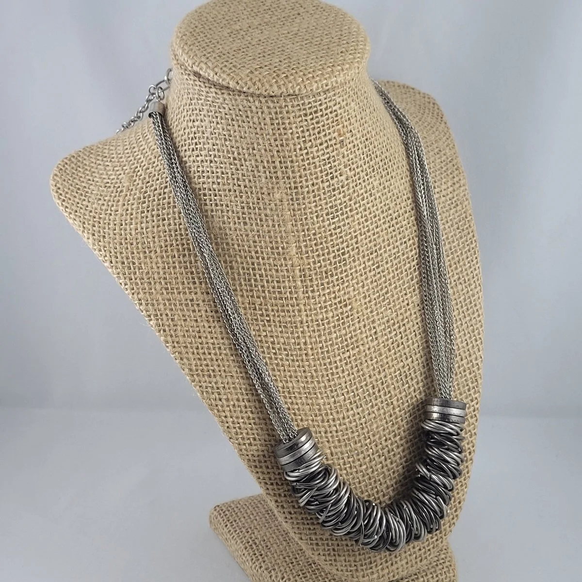 Steampunk Multi-Strand Duo-tone Silver-tone Curb Chain Flat Washers and Hoops 23.5 Inch Adjustable Matinee Necklace