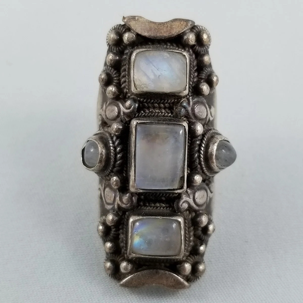 Rainbow Moonstone Sterling Silver Antiqued Shield Full Finger Saddle Ring Size 5.5 -4.jpg