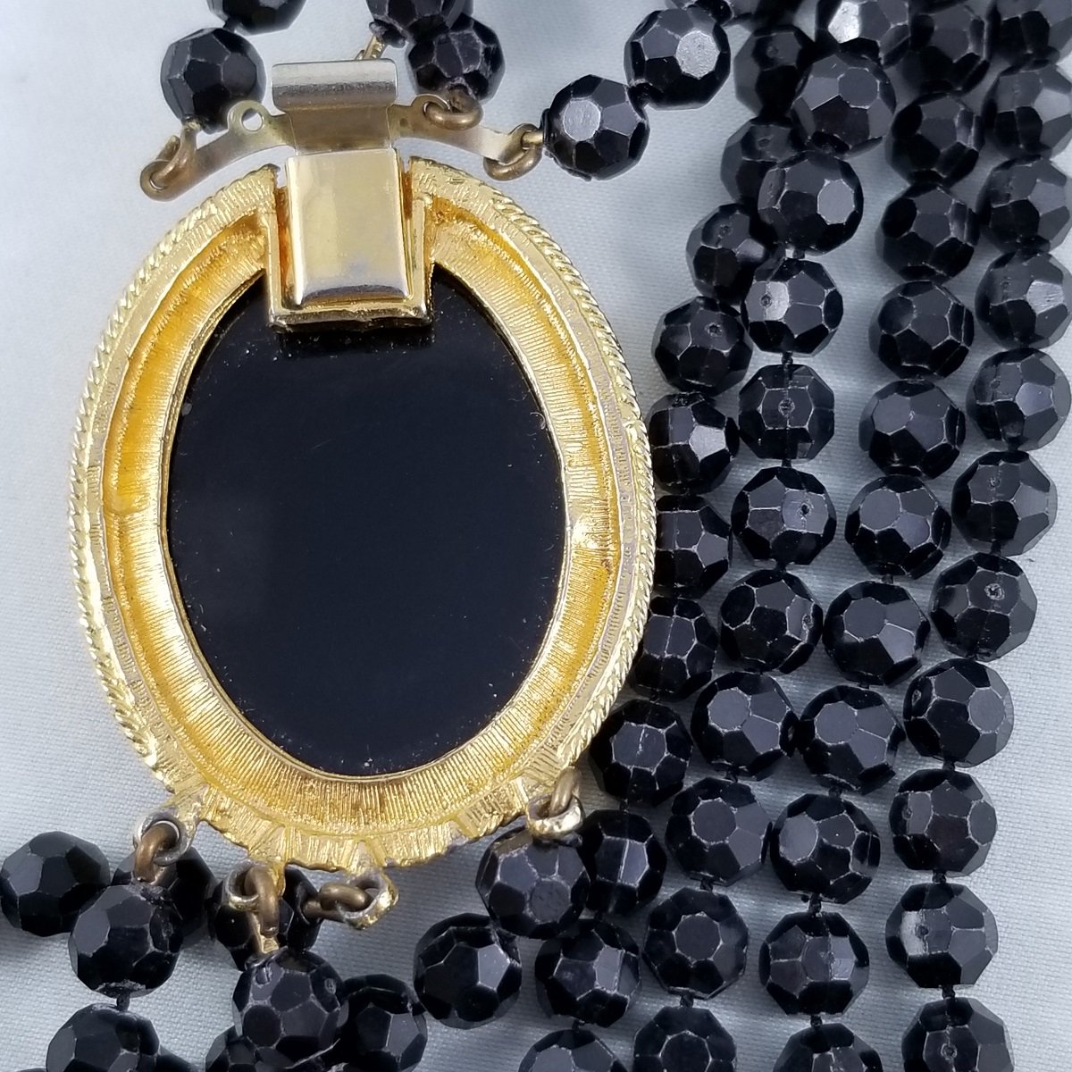 Mourning Style Gothic Simulated Hematite Cameo Multi-strand Gilt Necklace -2.jpg