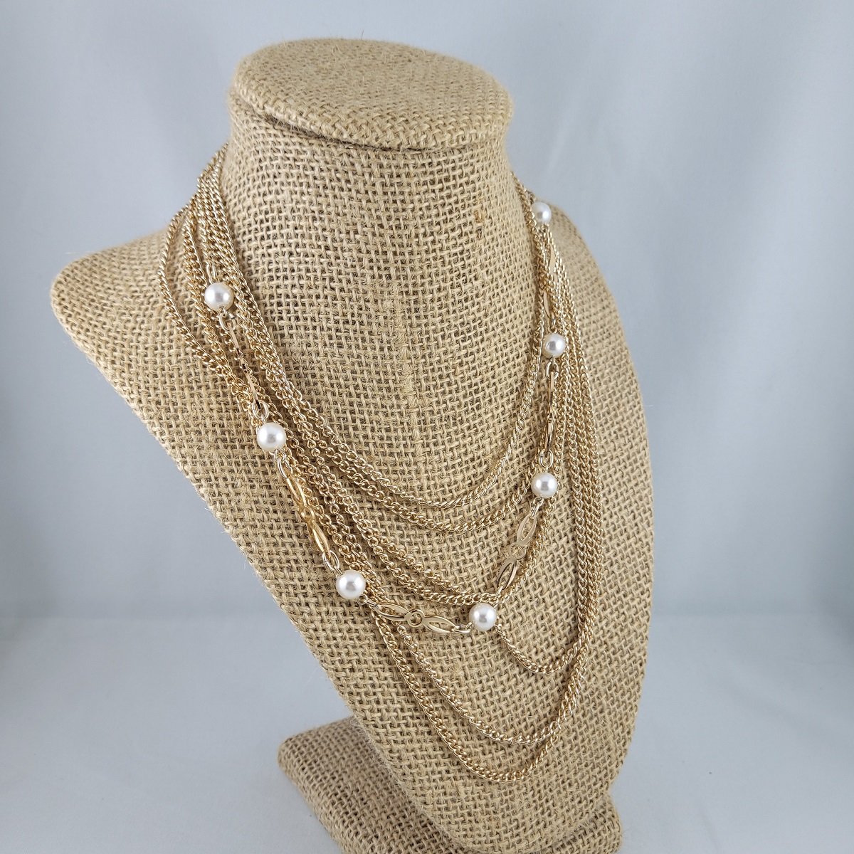 1950's Multi-Strand Gold Aluminum Pearl Bead Swag Chain 18 Inch Adjustable Choker Princess Bib Necklace