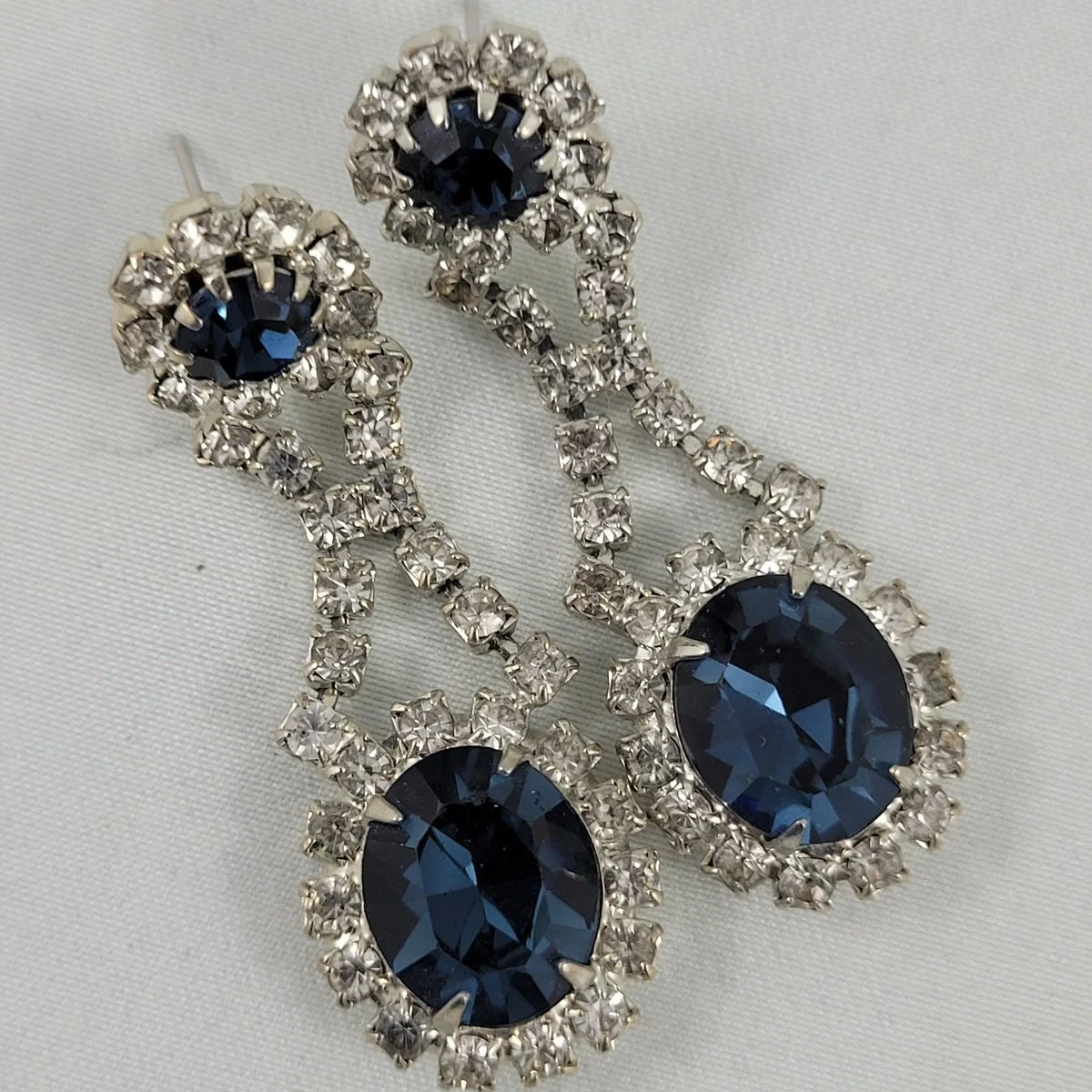 Art Deco Prong Set Oval Round Faceted Blue Sapphire Pave Crystal Rhinestone Double Drop Dangle Pierced Silver-tone Cup Chain Earrings -3.jpg