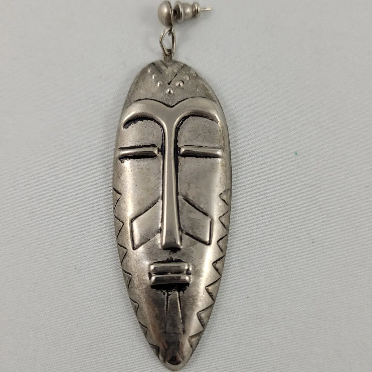 Rustic Silver-tone Repousse Elongated Tribal Mask Drop Pierced Earrings -1.jpg