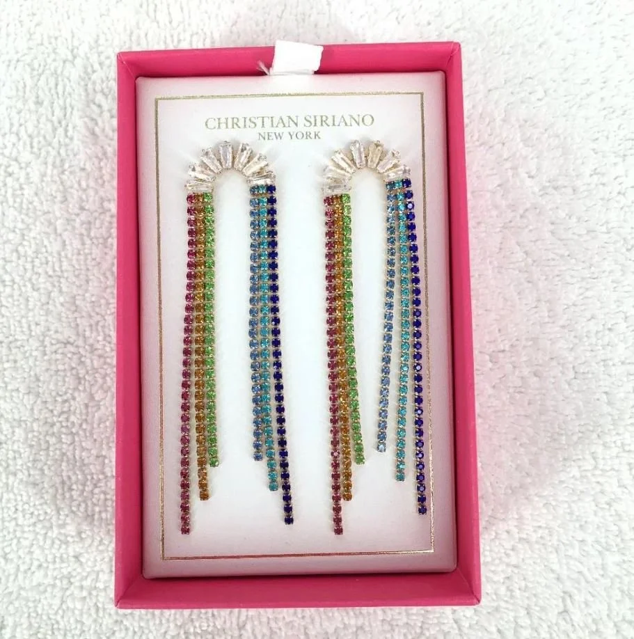 Christian Siriano NY Silver-tone Prong Set Clear Baguette Arch Multi-Colour Chaton Rhinestone Fringe Pride Rainbow Shoulder Duster Cascade Waterfall Pierced Earrings -BOXED SET.JPG