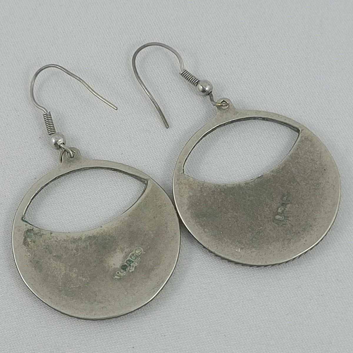 Alpaca Mexico Mexican German Silver Abalone Mother of Pearl Flower Inlay Open Round 2.25 Inch Drop Pierced Earrings Backside