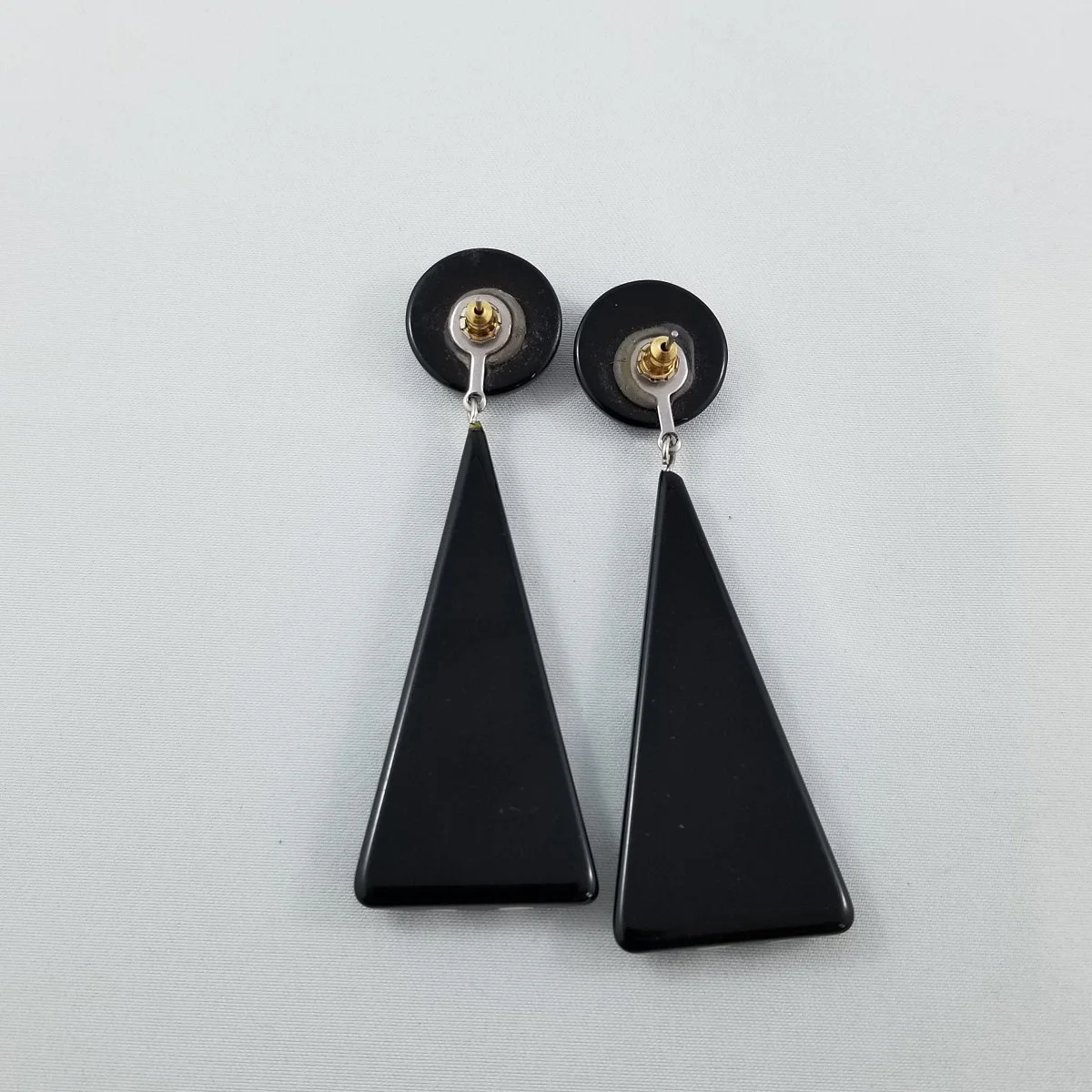 Pin-up Rockabilly Black and White Polka-dot Lucite 2.875 inch Triangular Drop Pierced Earrings -2.jpg