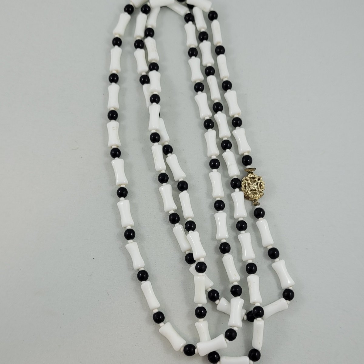 Monochrome Milk Glass Bone Bead Black Round Glass Beaded 55 Inch Rope Necklace w Filigree Box Clasp -2.jpg