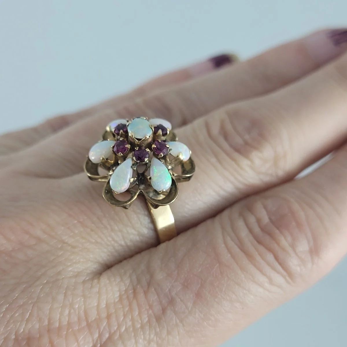 Thai Princess Harem Solid 10K Gold Australian Fire Opal & Ruby Ring Size 7 -5.jpg