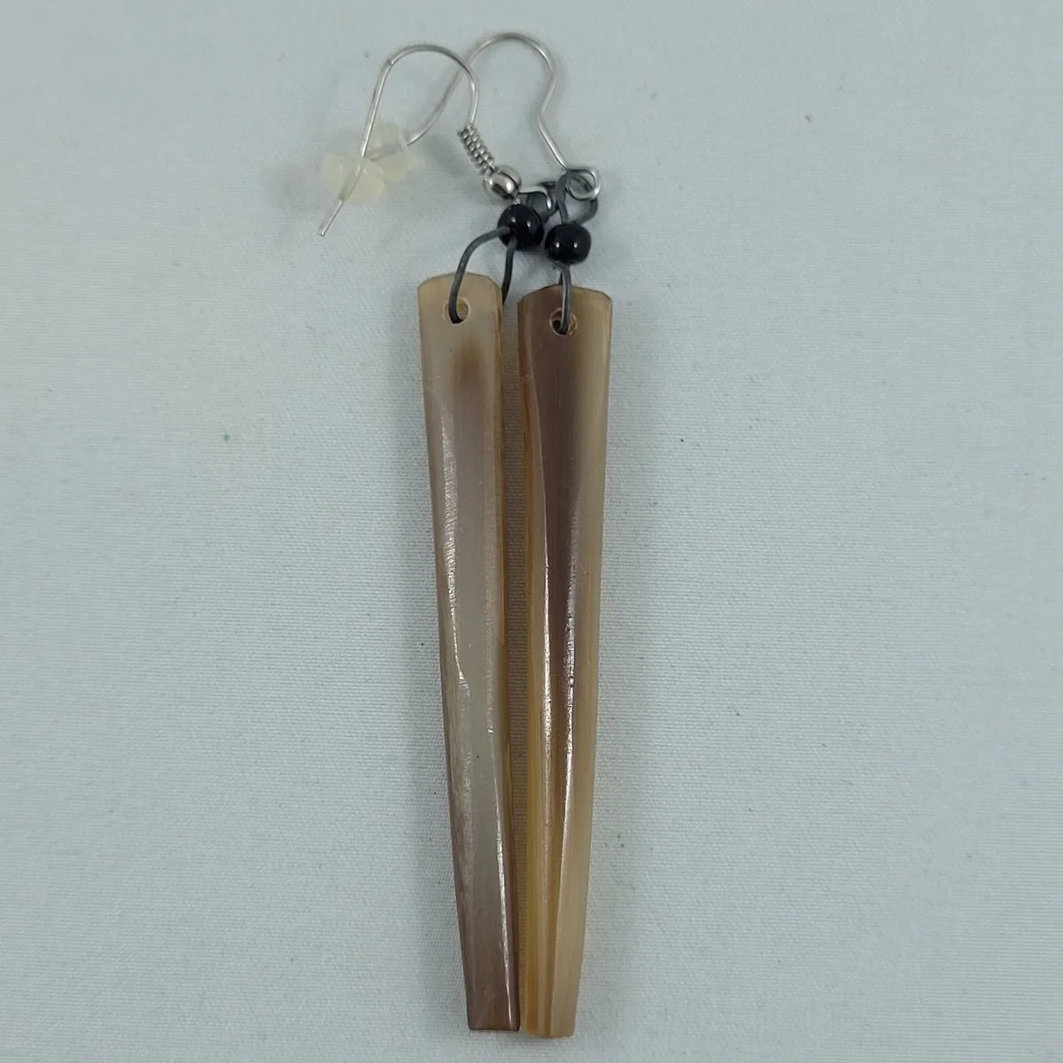 Inuit Carved Genuine Natural Muskox Caribou Bone Antler Horn 3.5 Inch Drop Black Bead Pierced Earrings