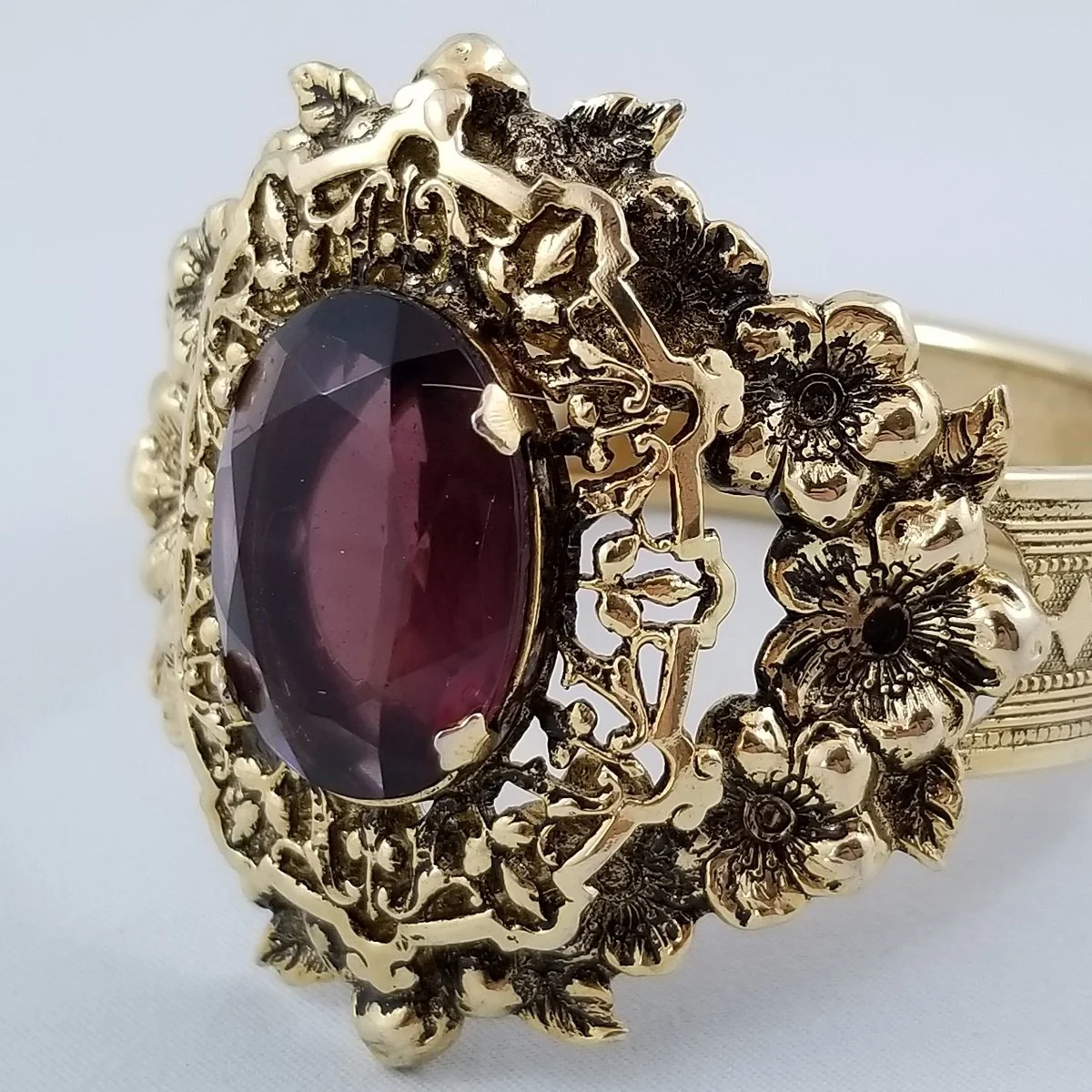 Gothic Revival Bangle Amethyst Glass Etched Scroll Gold-Tone Hinged Bracelet -6.jpg