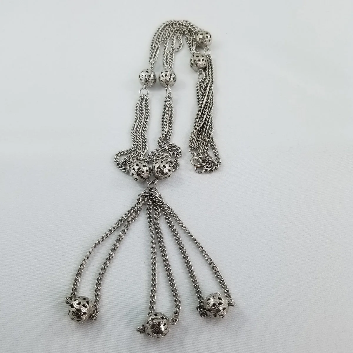 Deco Silver-tone Triple Strand Curb Chain Open-Work Filigree Triple Fixed Hollow Bead Drop 23.5 Inch Lavalier Necklace -2.jpg