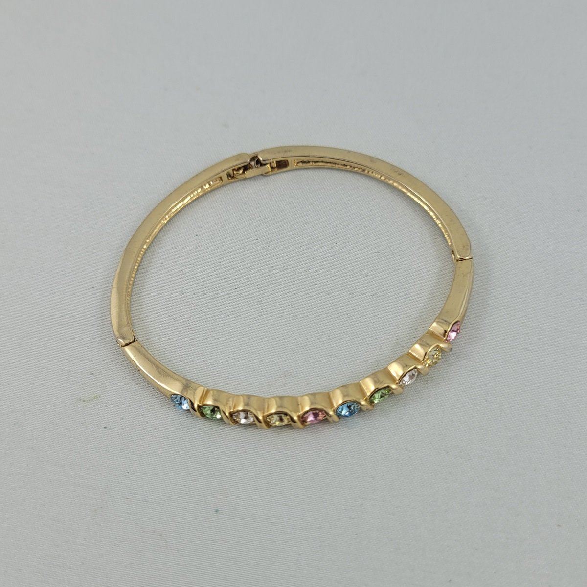 1960's Inset Multi-Colour Pastel Crystal Rhinestone Gold Plated Triple Panel Invisible Double Hinge Bangle Bracelet -1.jpg (Copy)