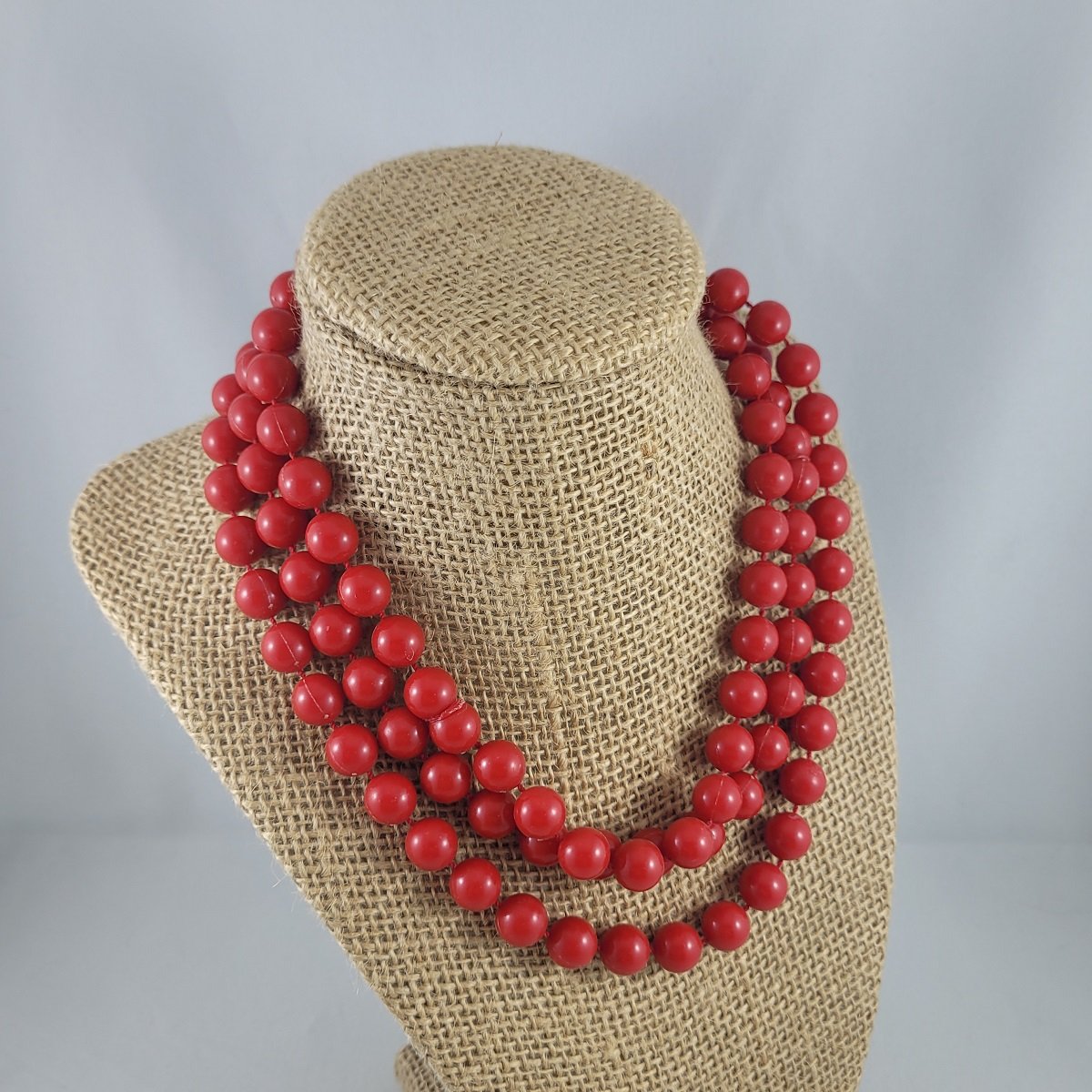 Early Moulded Plastic Red Fixed 10mm Bead Beaded Loopable 50 Inch Rope Necklace