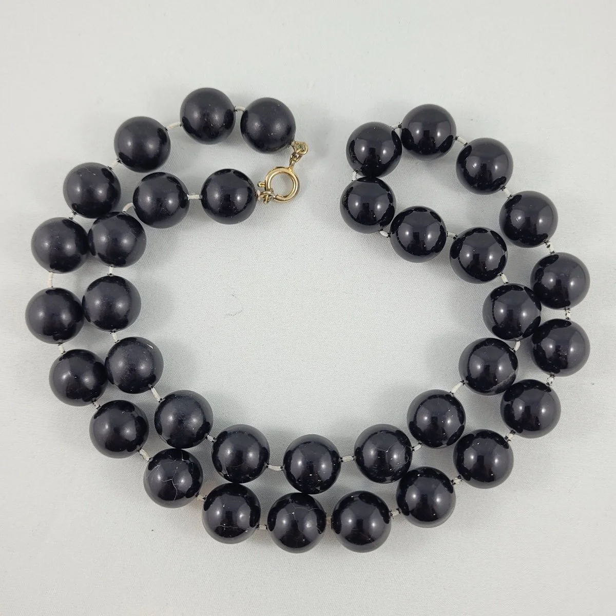 Art Deco 1930's - 1940's Round Black Plastic 14mm Fixed Bead 25 Inch Matinee Necklace