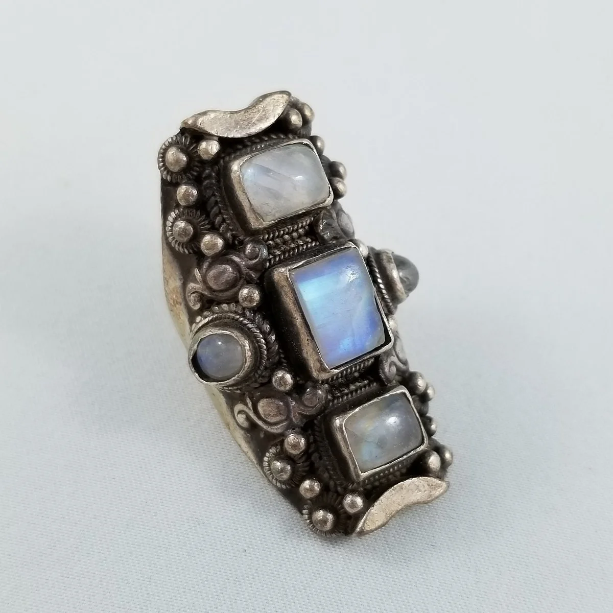 Rainbow Moonstone Sterling Silver Antiqued Shield Full Finger Saddle Ring.jpg