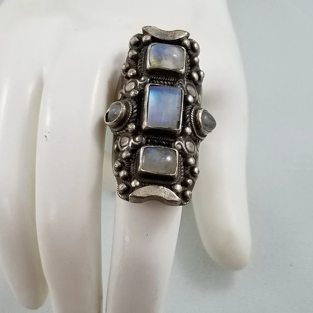 Rainbow Moonstone Sterling Silver Antiqued Shield Full Finger Saddle Ring Size 5.5 -9.jpg