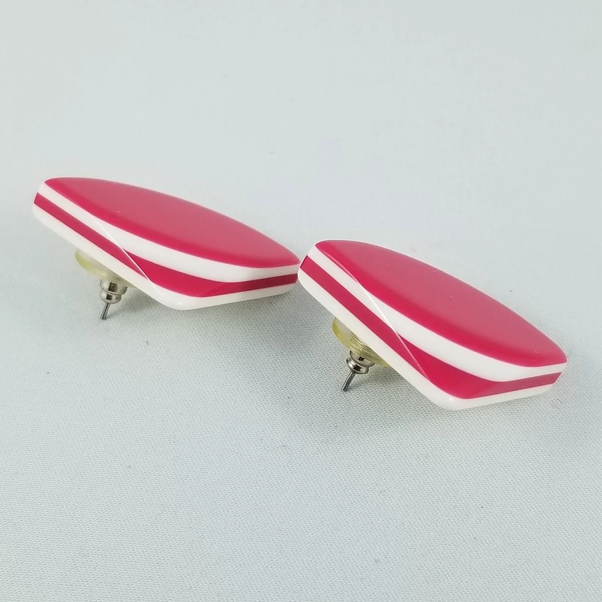 Lea Stein Paris Attributed Hot Pink White Laminated 7mm Thick Rhodoid Diamond Square Pierced Earrings -2.jpg (Copy)