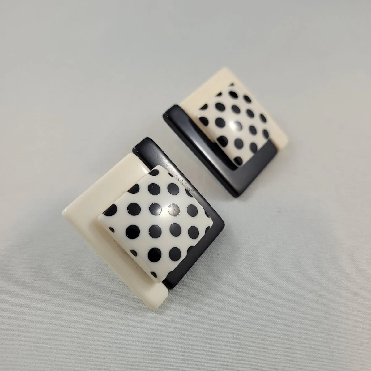 François Schoenlaub for Guillemette L'Hoir Paris 'Memphis Milano' Black White Polka Dot Puzzle-Fit Base Multi-Plate Layered Square Pierced Earrings -1.jpg