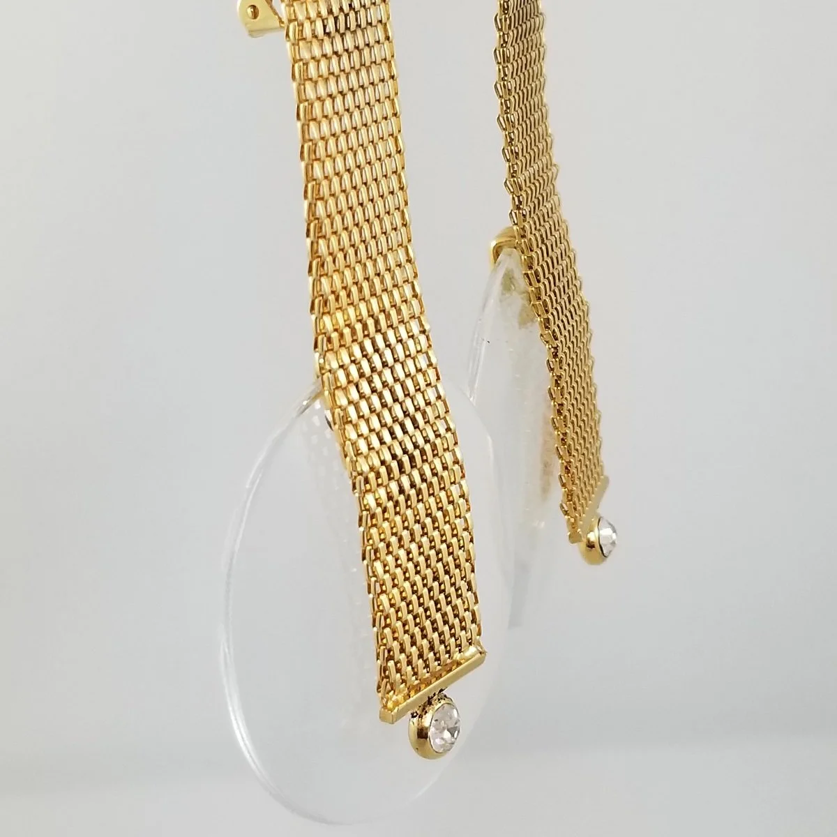 Postmodern Glam Woven Gold Flat Mesh Chainmaille Clear Lucite Disc Crystal Rhinestone Statement Clip-on Earrings -6.jpg (Copy)