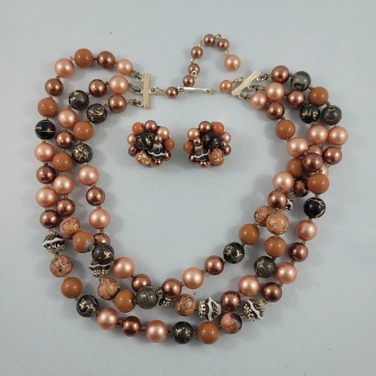 Japan 1950's Triple Strand Metallic Coppertone Plastic Glass Beaded Choker Princess Necklace Wire Wrapped Bead Cluster Clip Earrings Set