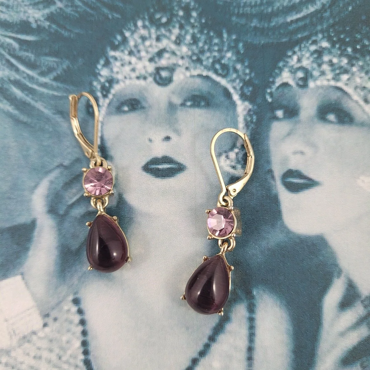 Duo-tone Genuine Purple Cat's Eye Gemstone Teardrop Amethyst Chaton Rhinestone Gold Open Back 1.5 Inch Drop Dangle Pierced Leverback Earrings.jpg