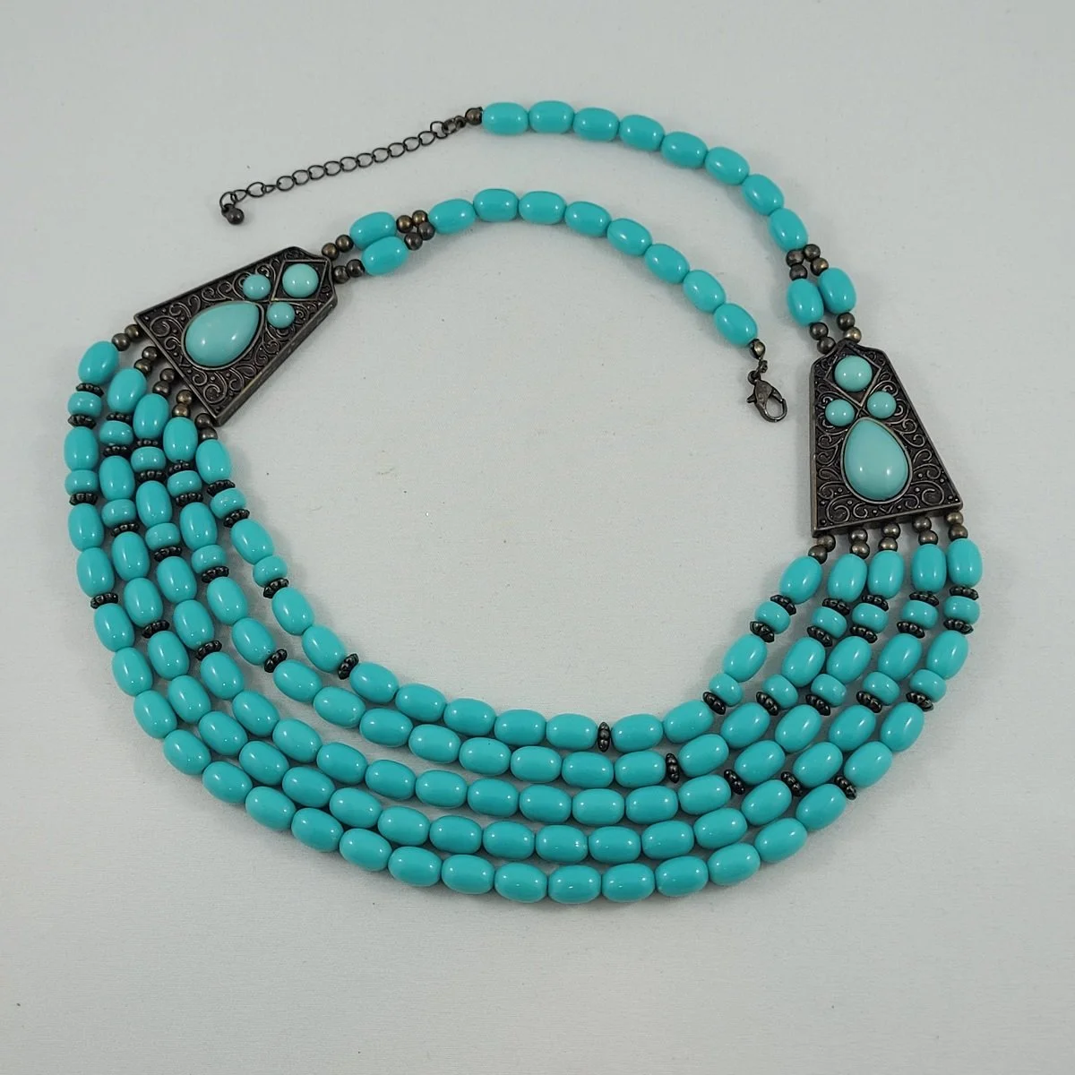 Antiqued Brass Turquoise Five-Strand Waterfall Filigree Bib Necklace -5.jpg