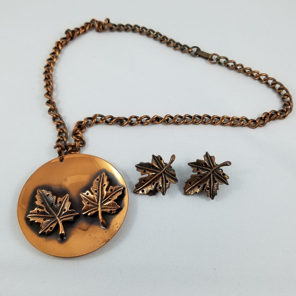 Frank Rebajes Attributed 1950's Modernist Copper Maple Leaf Shadowbox Necklace Clip-on Earrings Demi-Parure Set.jpg