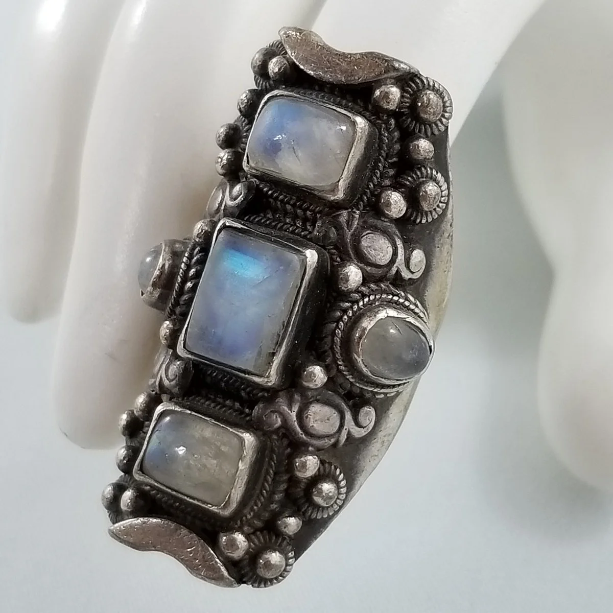 Rainbow Moonstone Sterling Silver Antiqued Shield Full Finger Saddle Ring Size 5.5 -10.jpg